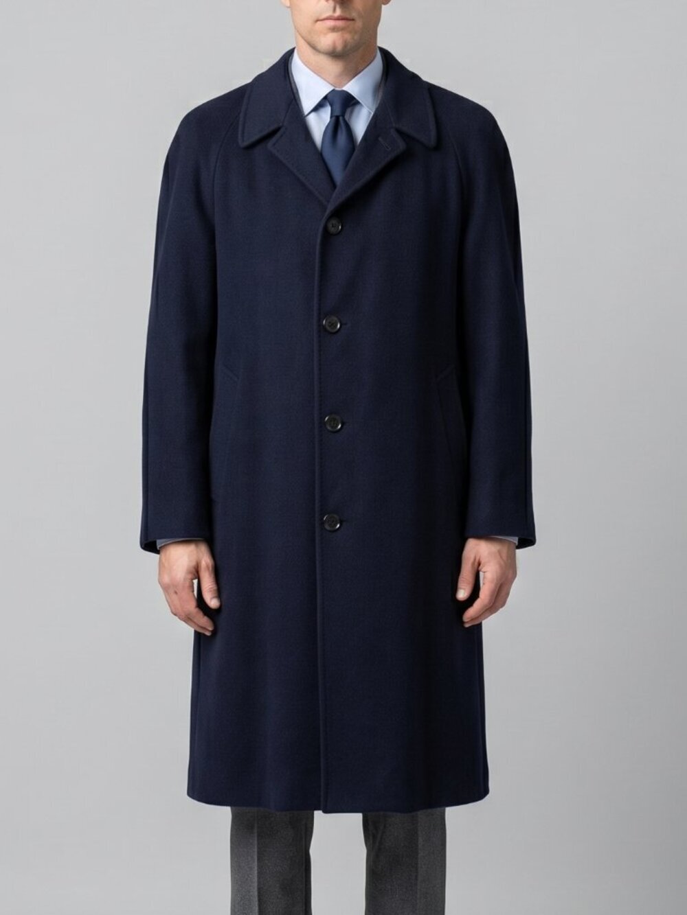 Vintage Savile Row Navy Wool Cashmere Overcoat 40T Mens Long Coat Made Canada